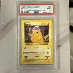 PSA 9 Pikachu 58/102 Red Cheeks Shadowless Base Set 1999 Pokemon Card - Image 1