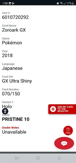 2018 ZOROAK GX ULTRA SHINY HOLO JPN #070/150 LOW Pop 61 Cgc Pristine 10 Pokemon - Image 3