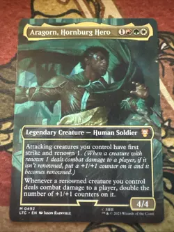 Mtg Magic LoTR Commander Aragorn, Hornburg Hero Misprint Hot Stamp Error Card - Image 1