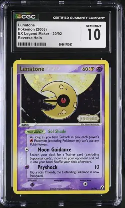 CGC 10 GEM MINT Lunatone EX Legend Maker 20/92 Reverse Holo STAMPED Pokemon Card - Image 1