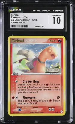 CGC 10 GEM MINT Torkoal EX Legend Maker 27/92 Reverse Holo STAMPED Pokemon Card - Image 1