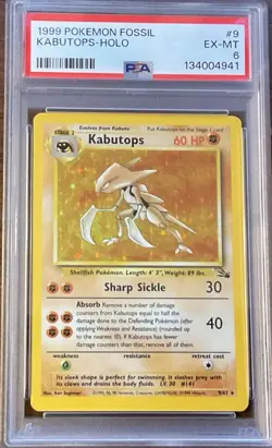 Pokemon Card 1999 Fossil 9/62 KABUTOPS Holo Unlimited PSA 6 EX-MT - Image 1