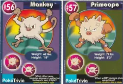 Mankey, Primeape, Evolution Set, Pokemon Poketrivia Movie Cards Burger King 1999 - Image 1
