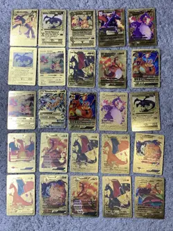 Set of 100 Charizard,Charmander,Pikachu,Mewtwo,More Gold Foil Fan Art Card MP-LP - Image 1