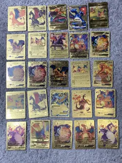 Set of 100 Charizard,Charmander,Pikachu,Mewtwo,More Gold Foil Fan Art Card MP-LP - Image 2