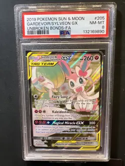 Pokemon TCG 2019 SM Unbroken Bonds Gardevoir & Sylveon GX 205/214 PSA 8 - Image 1