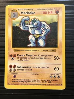 Pokemon MACHOKE 34/102 Shadowless (1999 Base Set) LP/DMG - Image 1