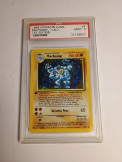 1999 Pokemon Game 8 Machamp Holo 1st Edition PSA 9 Scuffed Case - Image 1
