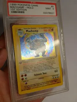 1999 Pokemon Game 8 Machamp Holo 1st Edition PSA 9 Scuffed Case - Image 2