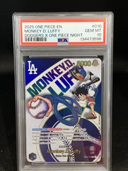 PSA 10 Monkey D Luffy EB02-010 L Dodgers One Piece Night Promo Card English 2025 - Image 1
