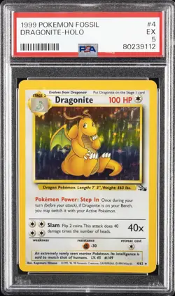 1999 POKEMON FOSSIL #4 DRAGONITE-HOLO PSA 5 - Image 1