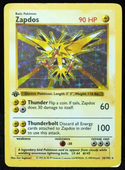1st Edition Shadowless Zapdos 16/102 HP Holo Pokemon Card Thin Stamp - Image 1