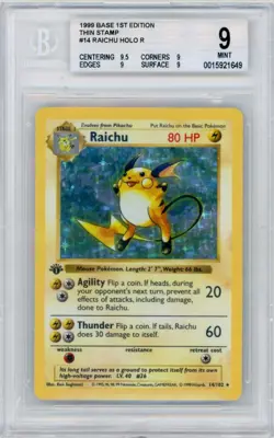 1999 Pokemon Base Set Raichu 14/102 1st Edition Thin Stamp Holo BGS 9 - Image 1