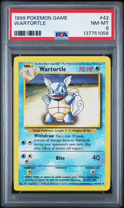 1999 POKEMON BASE SET UNLIMITED #42 WARTORTLE PSA 8 - Image 1