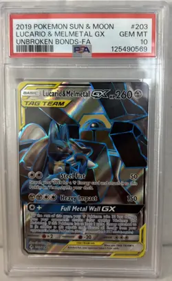 PSA Gem Mint 10 Lucario & Melmetal GX Full Art Unbroken Bonds Pokemon Card - Image 1