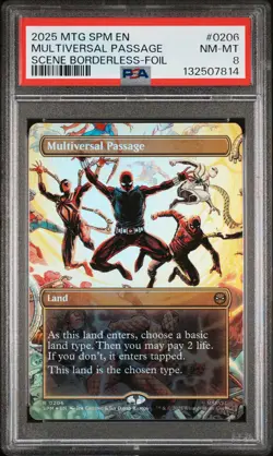 2025 MTG MARVEL'S SPIDER-MAN SCENE BORDERLESS-FOIL MULTIVERSAL PASSAGE PSA 8 - Image 1