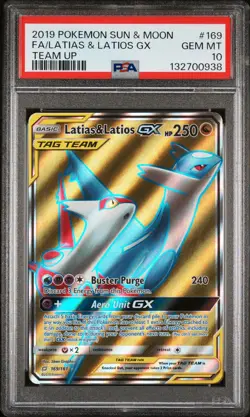 2019 POKEMON SUN & MOON TEAM UP #169 FULL ART/LATIAS & LATIOS GX PSA 10 - Image 1
