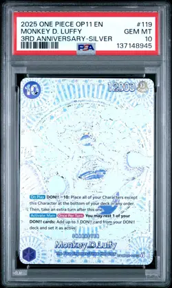 One Piece ENGLISH Monkey D. Luffy SP 3rd Anniversary OP11 OP05-119 SILVER PSA 10 - Image 1