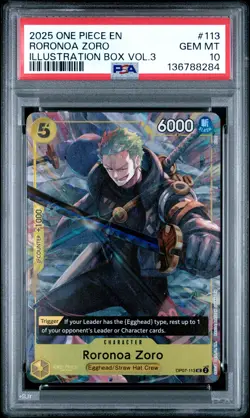 2025 ONE PIECE PROMOS ILLUSTRATION BOX VOL.3 #113 RORONOA ZORO PSA 10 - Image 1