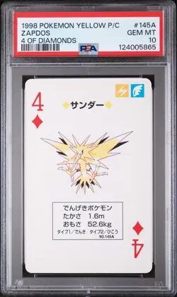 1998 POKEMON YELLOW VERSION PLAYING CARDS 4 OF DIAMONDS #145A ZAPDOS PSA 10 - Image 1