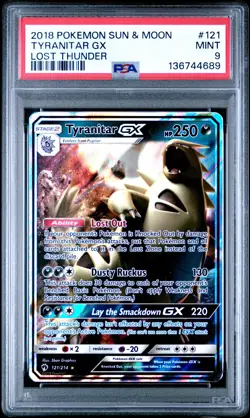 2018 POKEMON SUN & MOON LOST THUNDER #121 TYRANITAR GX PSA 9 - Image 1
