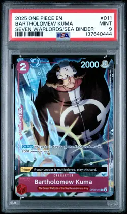 2025 ONE PIECE SEVEN WARLORDS OF THE SEA BINDER SET #011 BARTHOLOMEW KUMA PSA 9 - Image 1