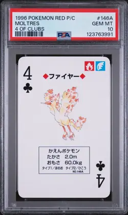 1996 POKEMON RED VERSION PLAYING CARDS 4 OF CLUBS #146A MOLTRES PSA 10 - Image 1