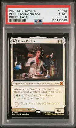 2025 MTG MARVEL'S SPIDER-MAN PRERELEASE AMAZING SPIDER-MAN/PETER PARKER PSA 6 - Image 1