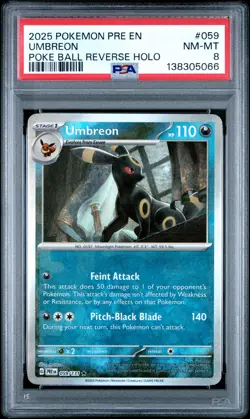 2025 POKEMON PRE EN-PRISMATIC EVOLUTIONS POKE BALL REVERSE HOLO UMBREON PSA 8 - Image 1