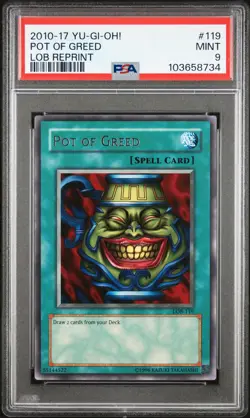 2010-2017 YU-GI-OH! LEGEND OF BLUE EYES WHITE DRAGON REPRINT POT OF GREED PSA 9 - Image 1