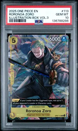 2025 ONE PIECE PROMOS ILLUSTRATION BOX VOL.3 #113 RORONOA ZORO PSA 10 - Image 1