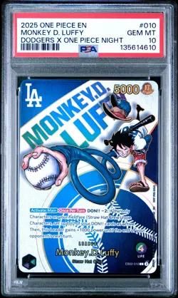 2025 ONE PIECE PROMOS DODGERS X ONE PIECE NIGHT #010 MONKEY D. LUFFY PSA 10 - Image 1