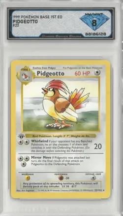 1999 Pokemon Base 1st Ed PIDGEOTTO #22/102 💎 DSG 8 NM/Mint - Image 1