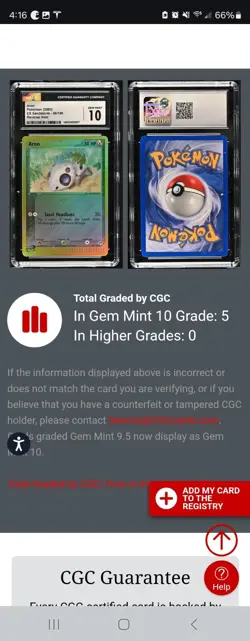 (TOP POP 5) CGC 10 GEM MINT Aron Pokemon (2003) EX Sandstorm 56/100 Reverse Holo - Image 4