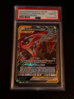 2019 Pokemon Sun & Moon Greninja & Zoroark GX #107 Unbroken Bonds PSA 10 - Image 1