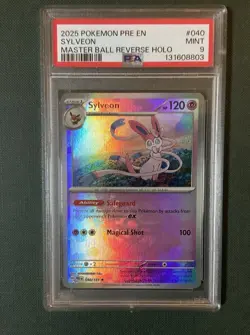 2025 POKEMON PRE EN-PRISMATIC EVOLUTIONS MASTER BALL REVERSE HOLO SYLVEON PSA 9 - Image 1