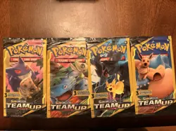 Pokemon Sun and Moon Team Up 3-card Booster Packs New FullArt Set (4packs) - Image 1