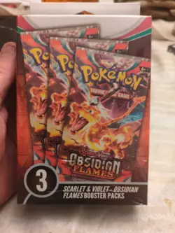 1 x Pokemon TCG Scarlet & Violet Obsidian Flames 3 Pack Worn Hanger Box Sealed - Image 1