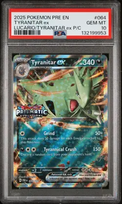 2025 POKEMON PRE EN-PRISMATIC EVOLUTIONS #064 TYRANITAR EX PSA 10 - Image 1