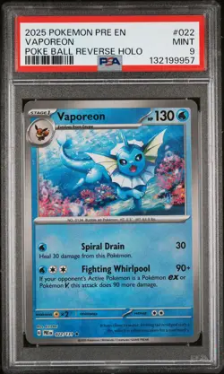 2025 POKEMON PRE EN-PRISMATIC EVOLUTIONS POKE BALL REVERSE HOLO VAPOREON PSA 9 - Image 1