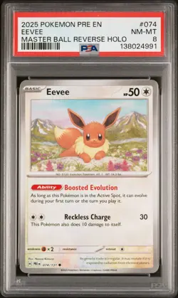 2025 POKEMON PRE EN-PRISMATIC EVOLUTIONS MASTER BALL REVERSE HOLO EEVEE PSA 8 - Image 1