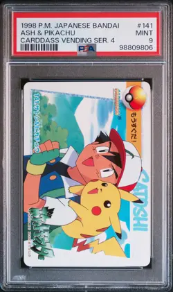 1998 POKEMON JPN BANDAI CARDDASS VENDING SER 4 #141 ASH & PIKACHU PSA 9 - Image 1