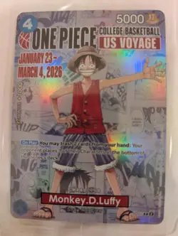 OP TCG Monkey D. Luffy US Voyage College Basketball Promo Card SEALED IN HAND - Image 1