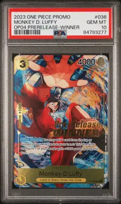 Monkey D. Luffy Winner P-036 OP04 Pre-Release Promo One Piece Card PSA 10 - Image 1