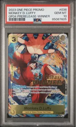 2023 ONE PIECE P-036 MONKEY D. LUFFY EN OP04 PRE-RELEASE WINNER PSA 10 GEM MT - Image 1