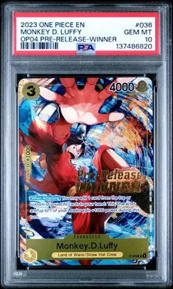 2023 ONE PIECE P-036 MONKEY D. LUFFY OP04 PRE-RELEASE WINNER PSA 10 GEM MINT - Image 1