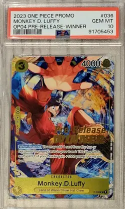 2023 MONKEY D. LUFFY Winner P-036 OP04 Pre-Release Promo One Piece PSA 10 GEM MT - Image 1
