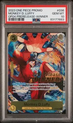 Monkey D. Luffy Winner P-036 OP04 Pre-Release Promo One Piece Card PSA 10 - Image 1