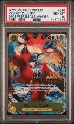 Monkey D. Luffy Winner P-036 OP04 Pre-Release Promo One Piece Card PSA 10 - Image 1