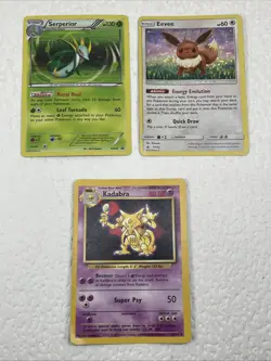 Lot of 3 Polemon Cards Shadowless Kadabra Evee & Serperior Pokemon Cards - Image 1